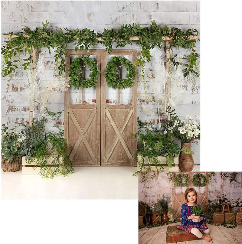 Kate Rustic White Painted Brick Wall Wood Door Photography Backdrops 10x10ft Spring Green Grass and Flowers Photo Backgrounds Baby Shower Backdrop Photoshoot Props - Image 1
